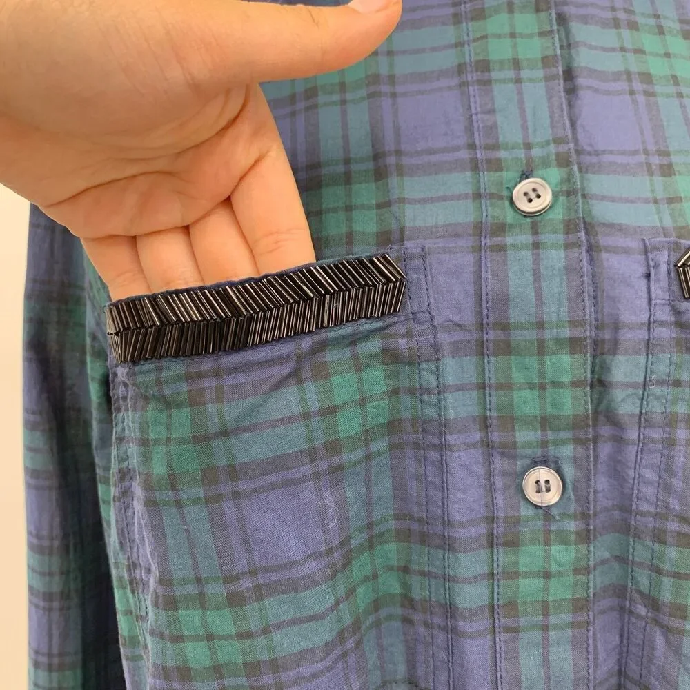J Crew Popover Shirt Womens M Medium Plaid Beaded Pockets Half Button Oversized